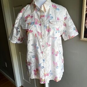 Alfred Dunner Butterfly Print Button Up Shirt Short Sleeve White Floral Top